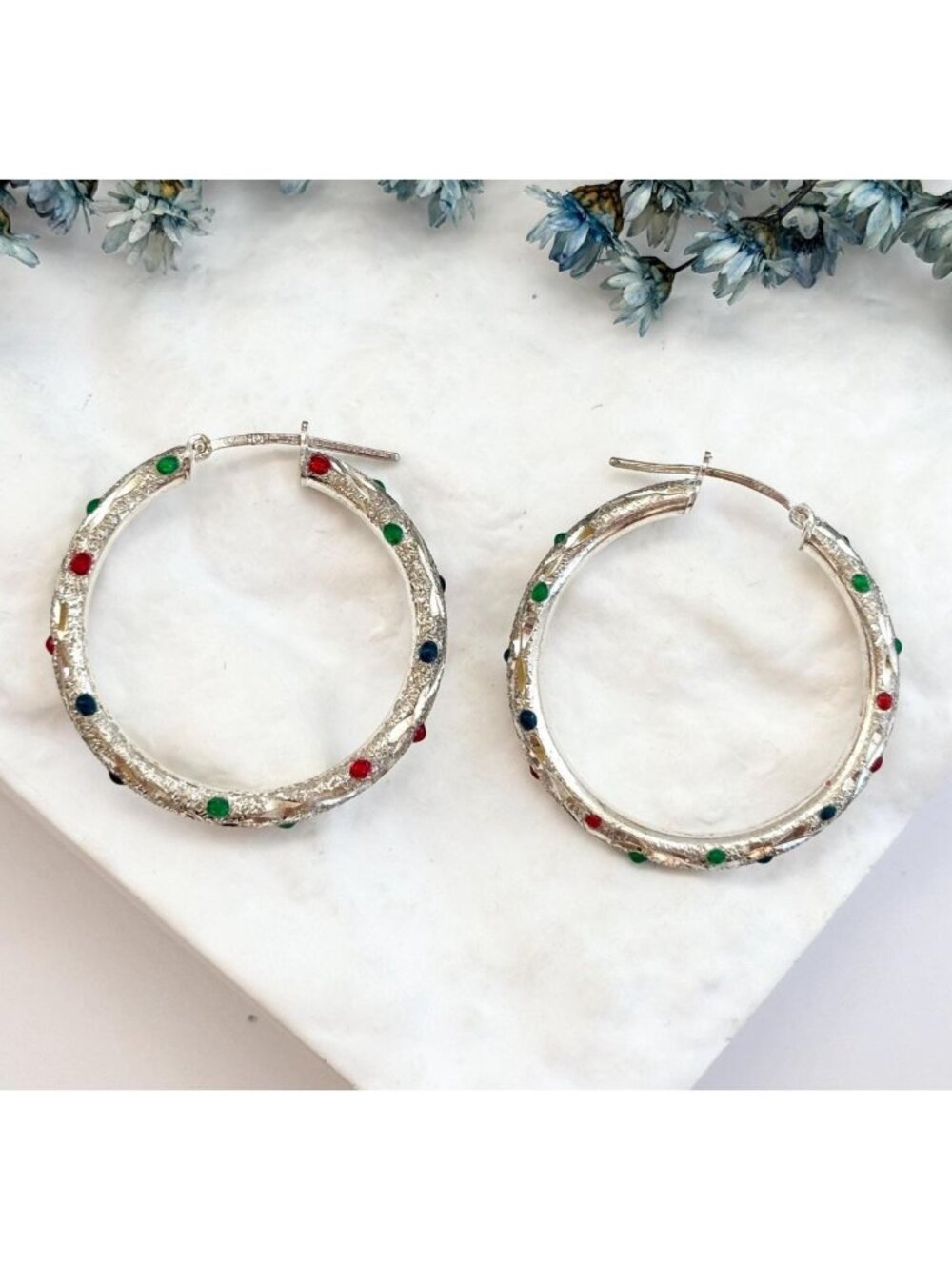 Textured Sterling Silver Multicolor Rhinestone 925 Hoop Vintage Earrings